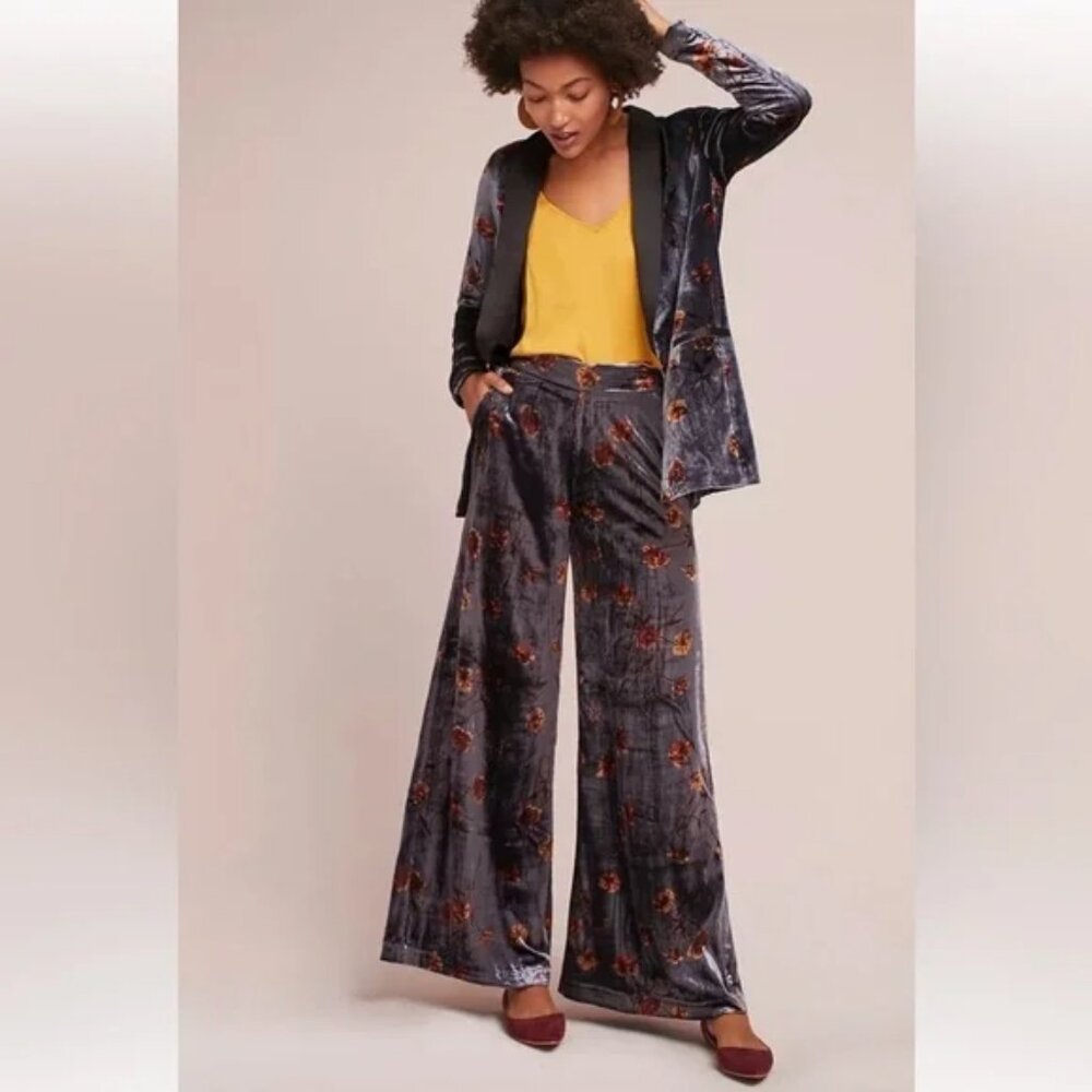 SALE Anthropologie Jessica Wide Leg Floral Velour / Velvet Pants by Ett:Twa